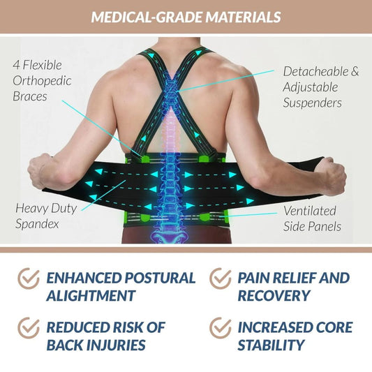 Back Brace with Suspenders for Men - Lower Back Pain, Exercise, Gym